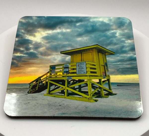 Siesta Key Yellow Lifeguard Stand - Square Hardboard Coaster