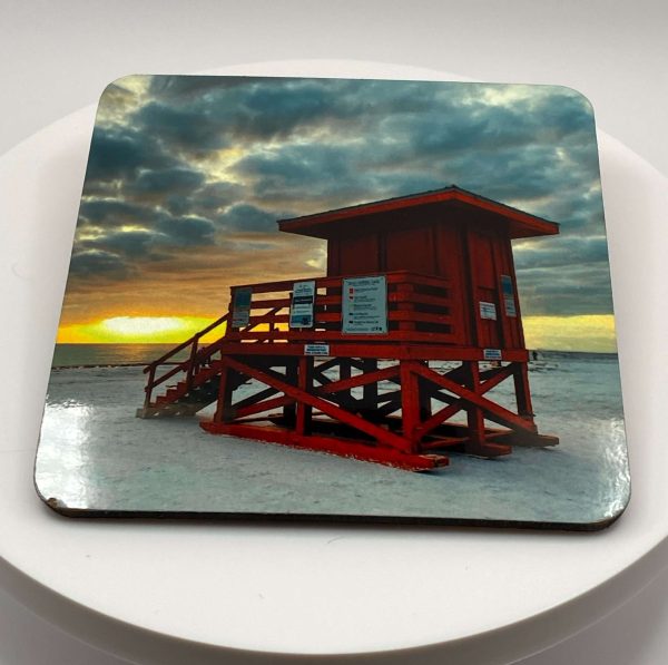 Siesta Key Red Lifeguard Stand - Square Hardboard Coaster