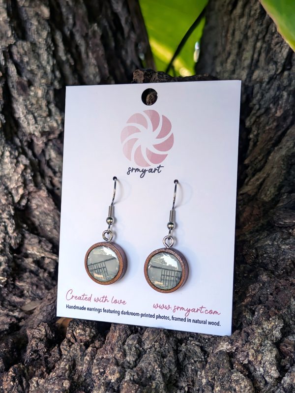 Handmade Wooden Earrings with Darkroom-Printed "Cherokee Street Park Sunset" Photograph