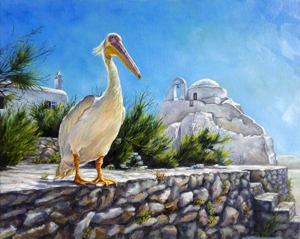 Pelican Greeter on Mykonos, oil on canvas, 16x20