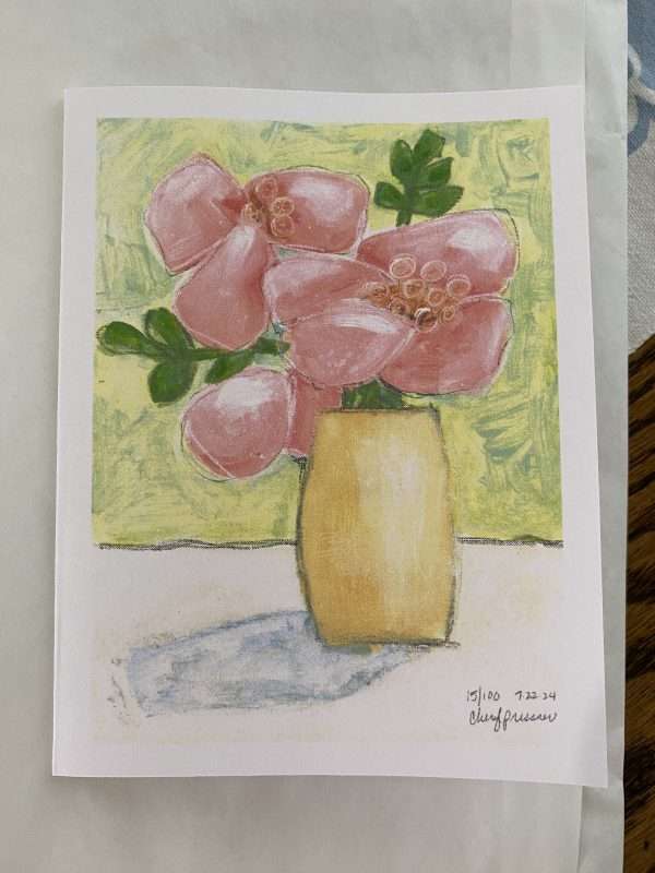 Note Card - Single - Wonky Pink Flowers in yellow vase