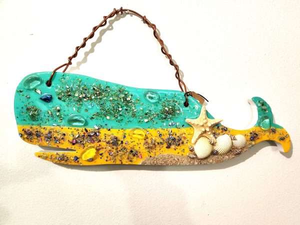 Upcycled wooden whale with glass, shells and resin