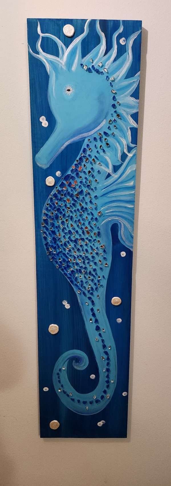 "The Blues" seahorse on 4 foot wood