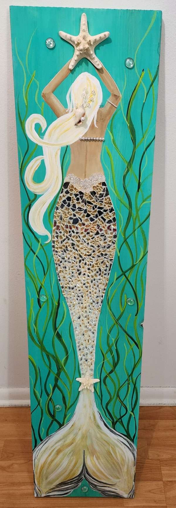 Blonde mermaid on 4 foot wood