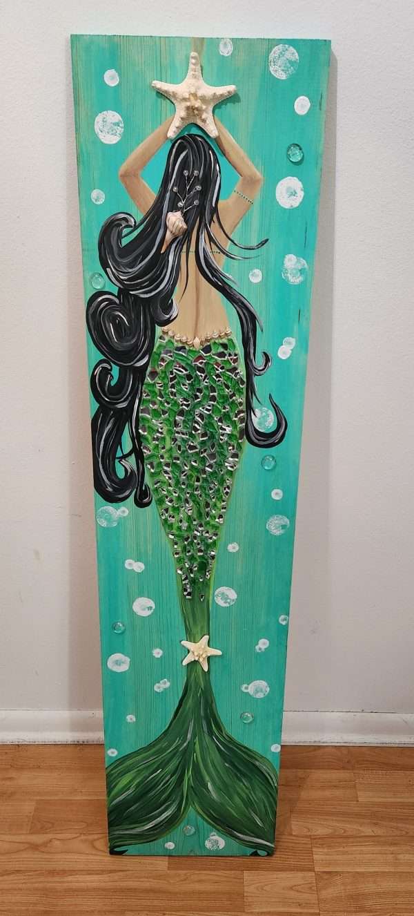 Dark-hair mermaid on 4 foot wood