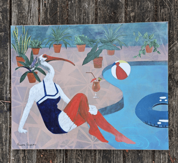 Ibis at the Pool Mixed Media Painting by Gianna Pergamo