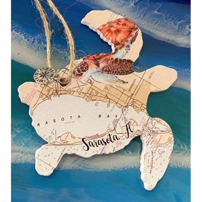 Turtle Wood Ornament – Sarasota nautical map