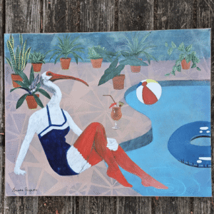 Ibis at the Pool Mixed Media Painting
