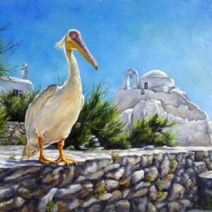 Pelican Greeter on Mykonos, oil on canvas, 16x20
