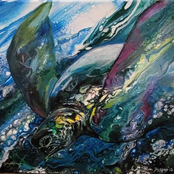 beach art, turtle, deep ocean, fluid art, acrylic on canvas