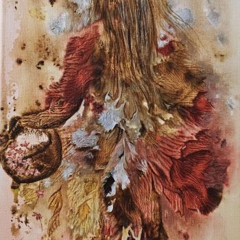 ‘Autumn’  9 x 12 Print of Mixed Media/Oil Painting on traditional Canvas 12″ x 9″ by Jasmine Dipicting a young girl fairy walking walking away in a dress of fall leaves holding a an overflowing basket of flowers