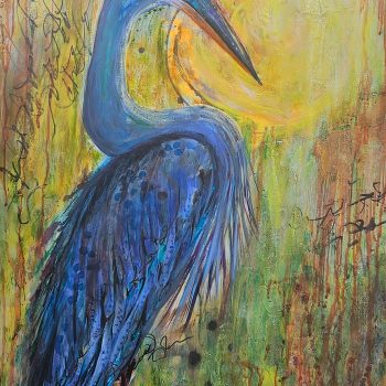 'Heron Blues' Mixed Media/Oils on Heavy Art Paper 22" x 30" by Jasmine created at Jasmine’s Art N’ Designz Studio depicting a blue heron in a marsh