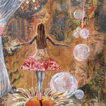 'Paper Doll Dream' Mixed Media on Paper Mounted 22" x 30" on birch wood and plexiglass for a total size of 24" x 36" by Jasmine depicting a fine girl dansing on a daisy in a dreamy delicate setting bubbles floating about around her.