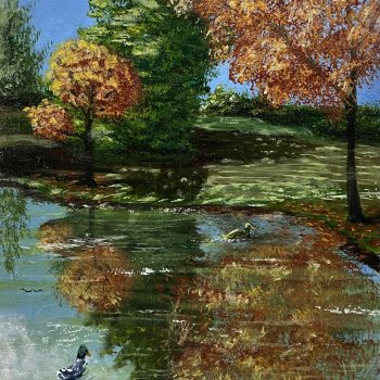 'Tranquil Reflections' Acrylics on 100% cotton board 11.5 x 7.5 by Jasmine depicting a quiet pond with 2 mallard ducks and in serene fall scene