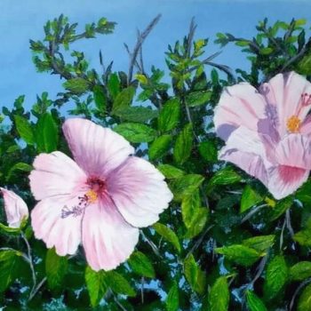 12 x 9 Print of 'Rose of Sharron': acrylics on canvas 12'' x 16" $768 by Jasmine Depicting up close pink hibiscus bush