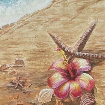 ‘Beach Treasures’ Mixed Media/Oil Painting on traditional Canvas by Jasmine created at Jasmine’s Art N Designz Studio depicting a close-up view of shells, starfish and a beautiful bright pink hibiscus