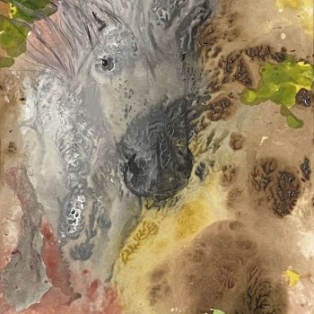 'Back In The Corral!’  Mixed media on 100% cotton canvas board 7.5'' x 11.5" by Jasmine Dpicting a impressionistic abstract of a light grey horse in a desert like surrounding with what could be interpreted as cactus