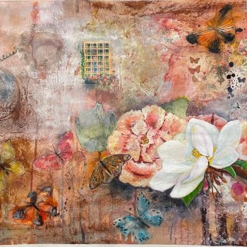 ‘New Beginnings’ Mixed media/oils on artist paper 22" x 30"mounted on birch wood and plexiglass total size 24”x 36” by Jasmine depicting a dreamy misty morning gardens and butterflies all around with a tiny window in the distance and a girl looking out all in pink and neutral hues.