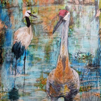 'Marsh Corner' Very large Framed Mixed Media artwork by Jasmine of Jasmine's Art N' Designz Studio depicting 2 birds, cranes in a marsh.