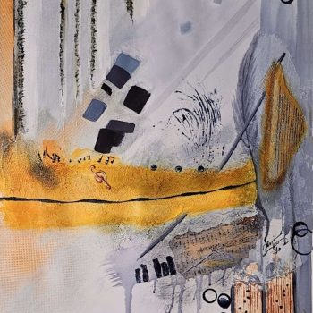 'The Making of a Symphony'  Mixed Media/Oils on Paper 22″ x 30″ By Jasmine depicting an abstract painting in blues and orange yellows guiding the viewer towards a musical symphony theme with vague illusions of piano, harp notes and parchment writing tools